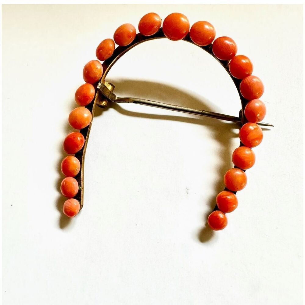 Antique Victorian Coral Crescent Brooch – Natural Salmon Coral Cabochons